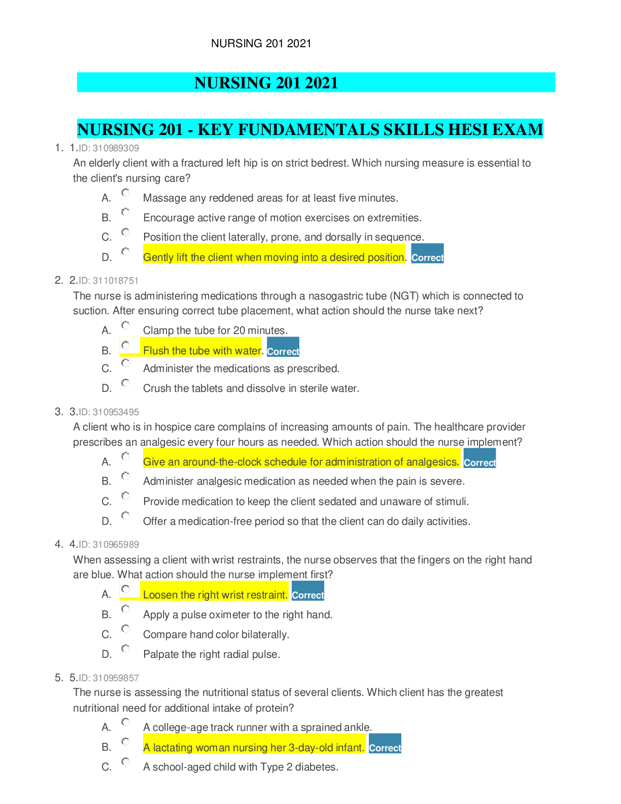 Preview of NURSING 201 - KEY FUNDAMENTALS SKILLS HESI EXAM 2021